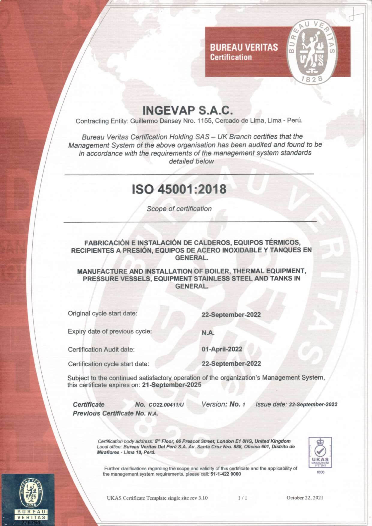 Certificación ISO 45001 INGEVAP SAC