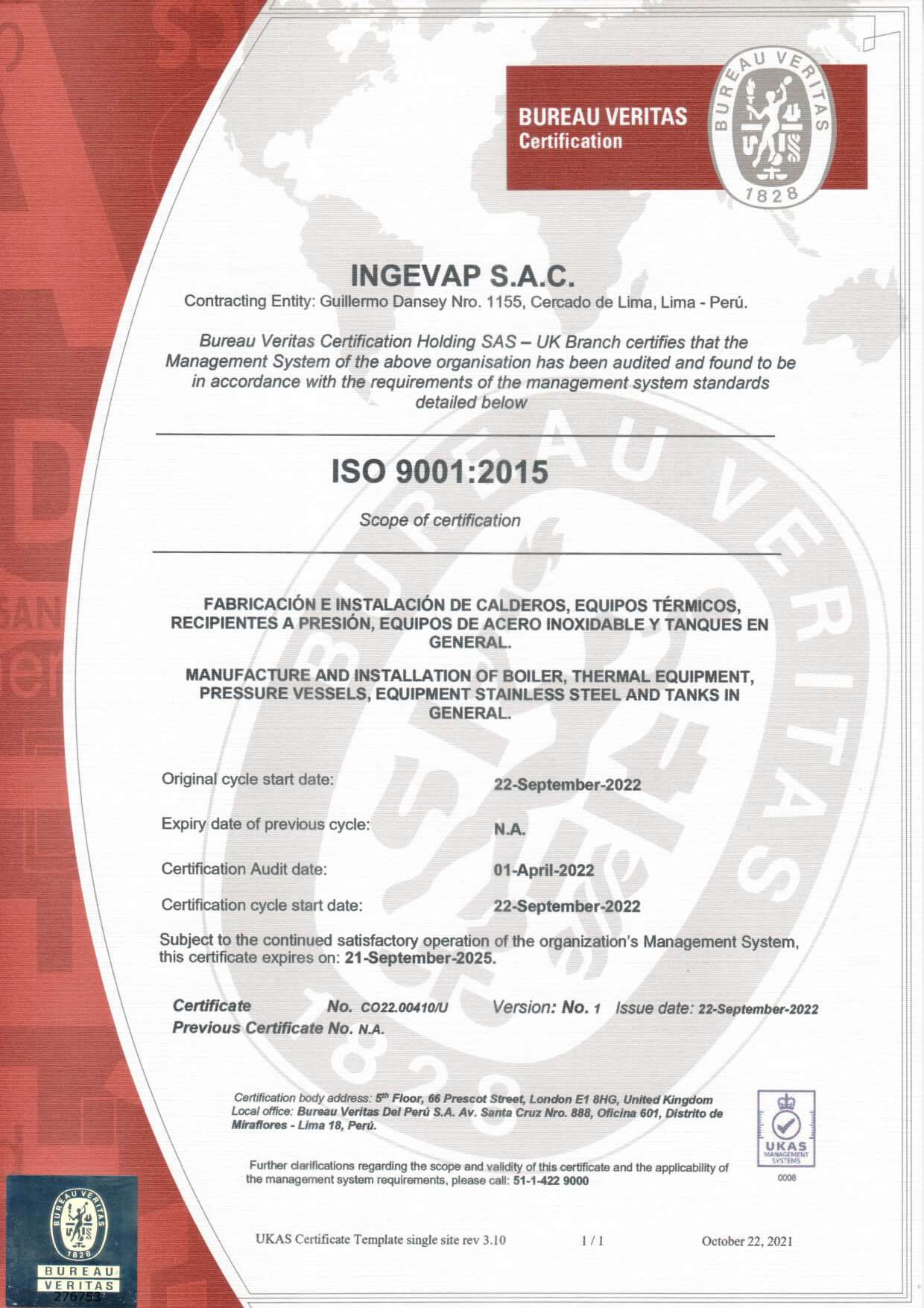 Certificación ISO 9001 INGEVAP SAC