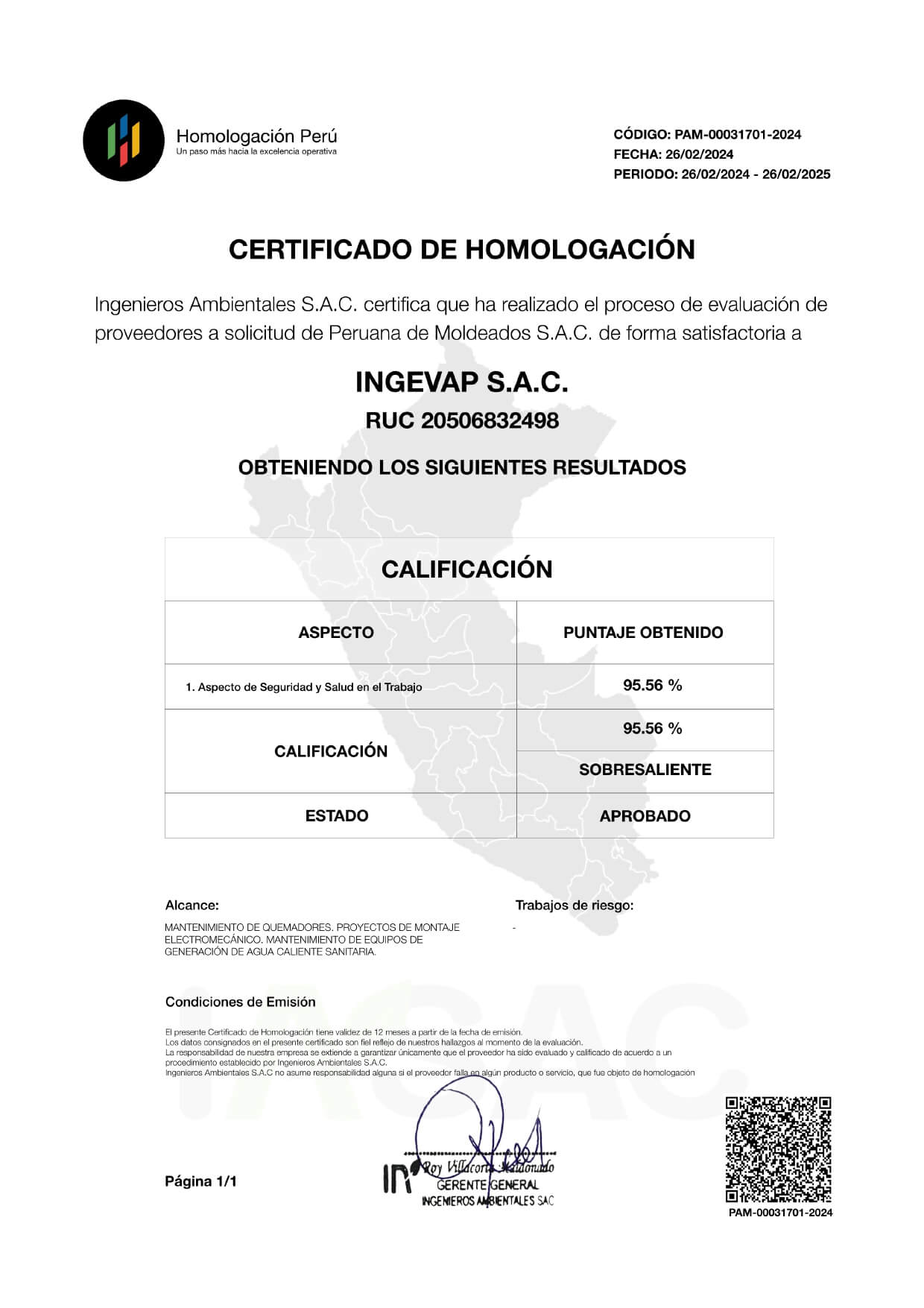 Certificado de homologación INGEVAP SAC