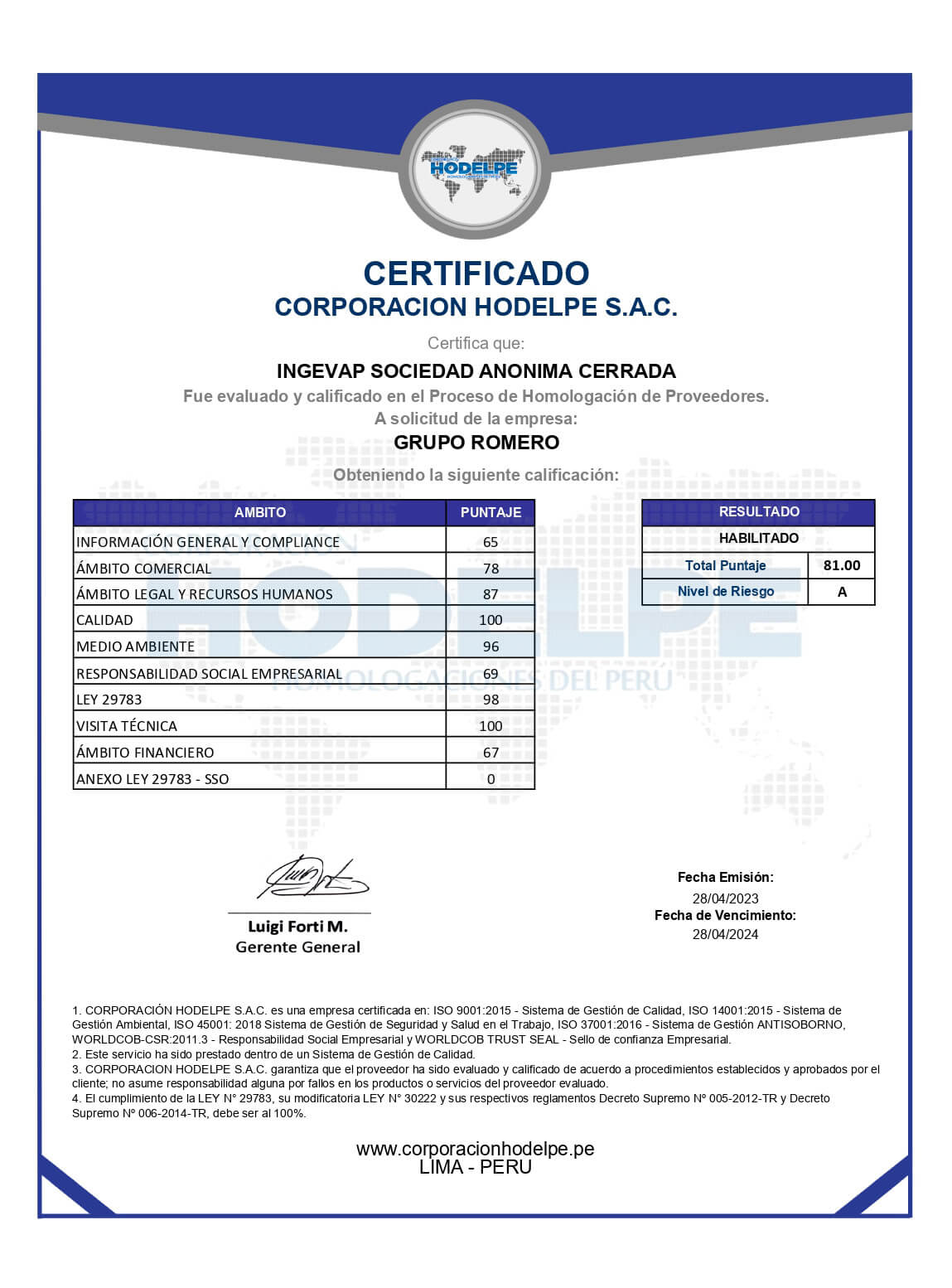 CERTIFICADO HOMOLOGACIÓN DE PROVEEDORES INGEVAP SAC