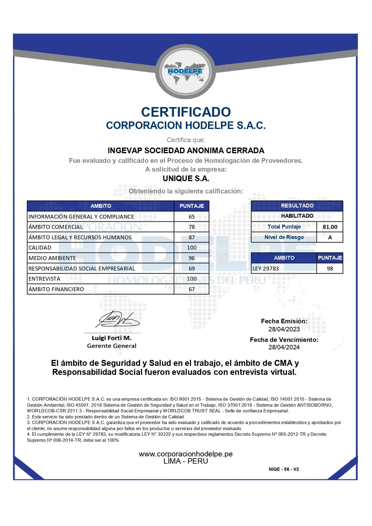 CERTIFICADO HOMOLOGACIÓN DE PROVEEDORES INGEVAP SAC